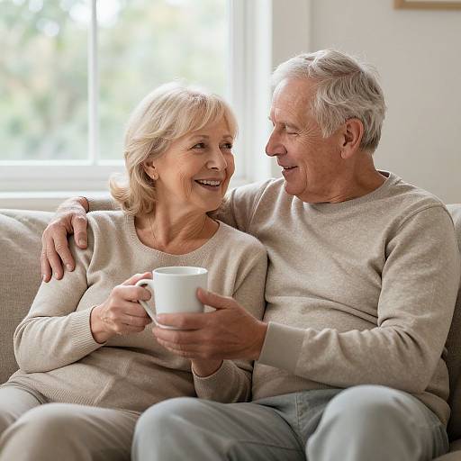 Photograph of a smiling elderly couple with short white hair, wearing beige sweaters, sitting on a couch, holding a white mug together. Bright window