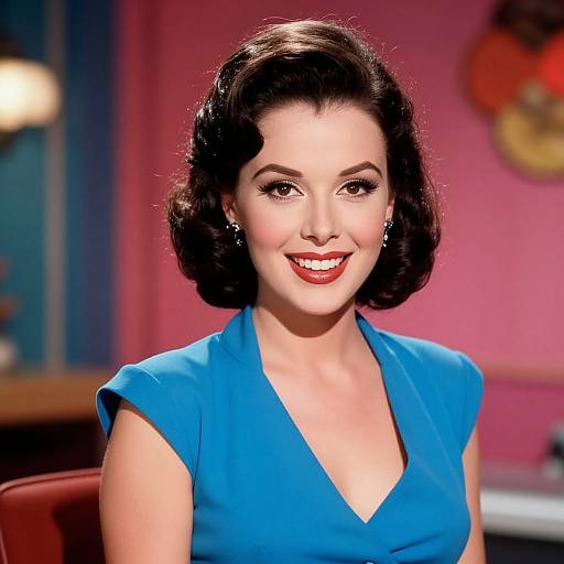 Photograph of a smiling woman with vintage-style dark brown hair, wearing a bright blue V-neck dress, standing against a pink and blue background. Retro