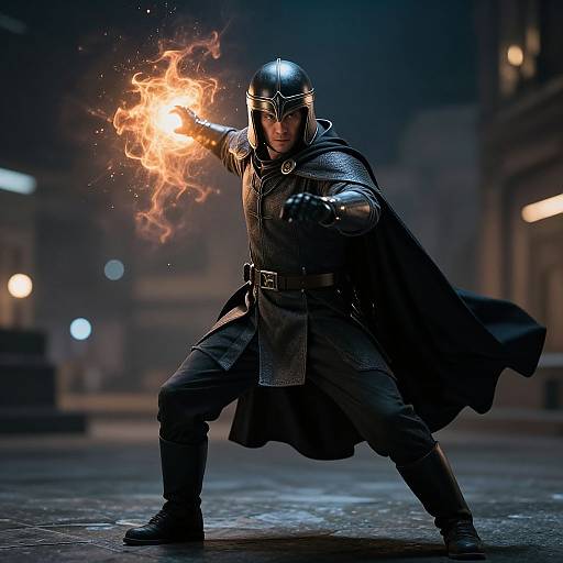 Photorealistic CGI of a dark-clad, armored superhero in a night cityscape, casting a blazing fireball from his right hand. Dynamic pose