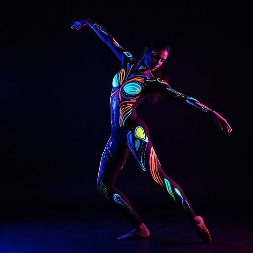 Photograph of a glowing neon bodypaint dancer in black background, illuminated with vibrant blue, green, pink, and yellow patterns, striking dynamic pose.