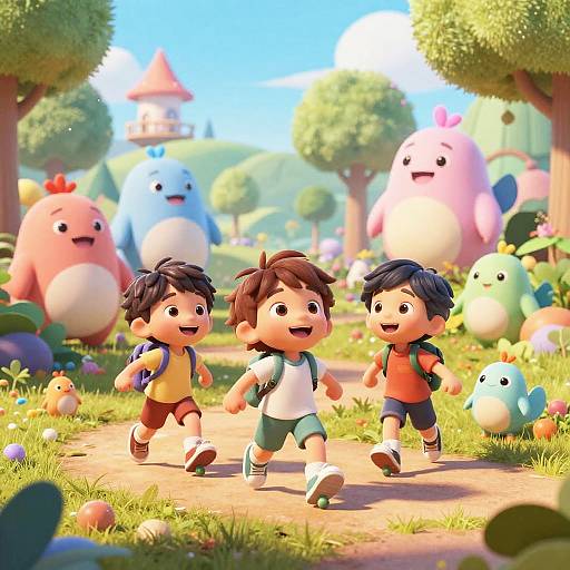 Three cheerful, cartoon-style boys with backpacks run joyfully through a vibrant, sunny forest filled with colorful, cute creatures and a distant castle.