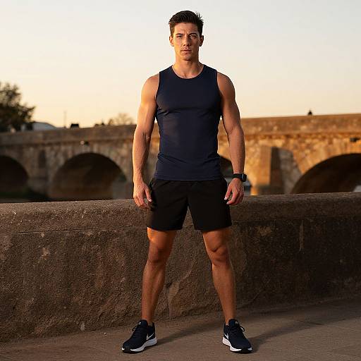 Photograph of a muscular, tan-skinned man in a black tank top and shorts, standing on a stone bridge at sunset.