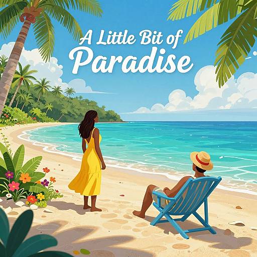 Digital illustration of a sunny tropical beach with palm trees, a woman in a yellow dress, and a man in a straw hat on a blue chair,