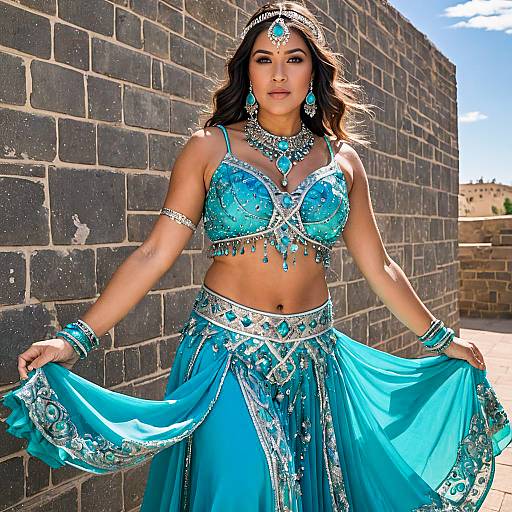 Daring Turquoise Silver Belly Dance Outfit