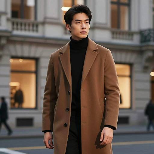 Stylish man in brown coat in urban setting