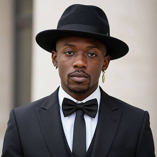 Photograph of a dignified Black man in a black suit, bow tie, black hat, and gold earrings, with a serious expression.