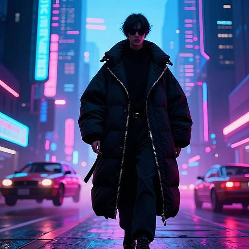 Cyberpunk city street at night: Dark-haired man in black coat and hoodie walks through neon-lit streets, flanked by glowing cars. Digital