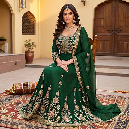 Photograph of a beautiful South Asian woman in a green, gold-embroidered traditional saree, seated on a wooden chair, in a yellow