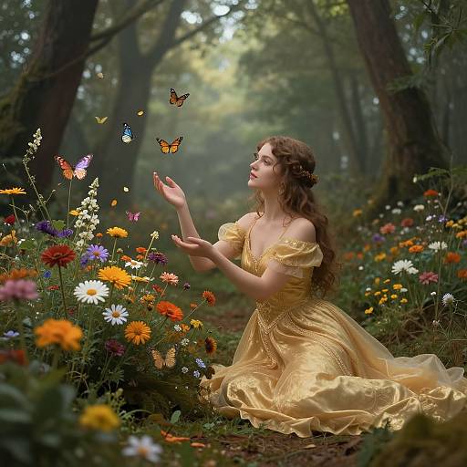 Photograph of a fair-skinned, curly-haired woman in a golden ball gown, kneeling in a vibrant forest garden, gently interacting with colorful butterflies amidst
