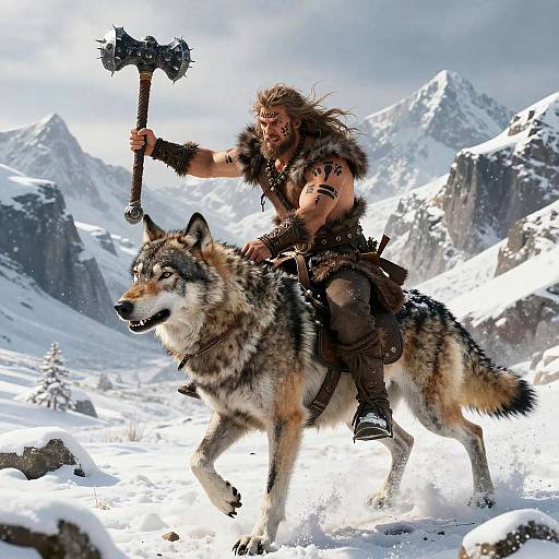 Fierce Bald Barbarian Riding Wolf