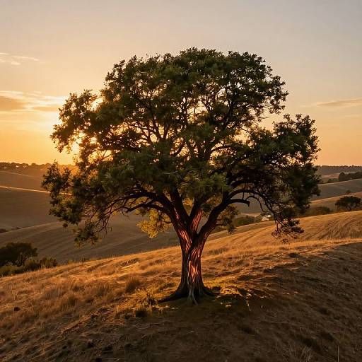Photograph of a solitary, sunlit tree with a wide, textured trunk and dense foliage, set against a golden sunset over rolling hills.