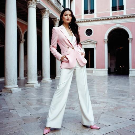 Elegant Woman in Pink Blazer and White Trousers in Venetian Courtyard