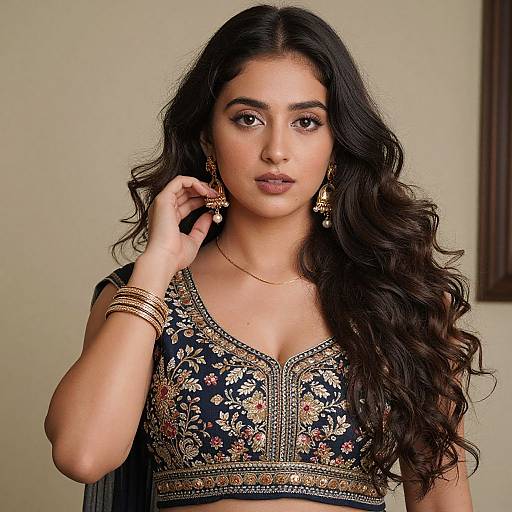 Photograph of a beautiful South Asian woman with long, wavy black hair, wearing an intricately embroidered black top, gold jewelry, and gold b