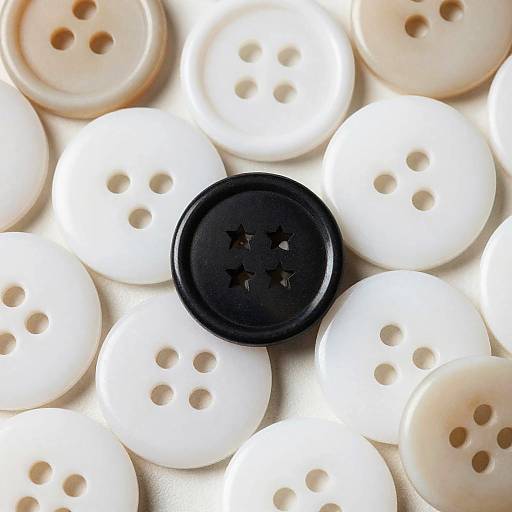 Photograph of white and black buttons with four holes, arranged randomly on a white background, creating a contrast between colors and textures.