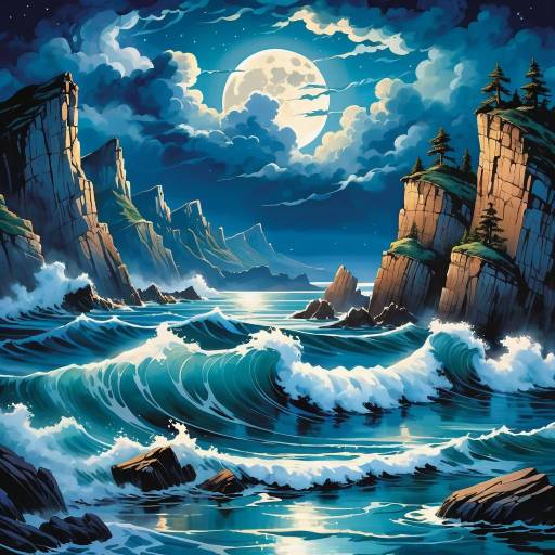 Dramatic Stormy Ocean and Moonlit Lake Dramatic Stormy Ocean and Moonlit Lake