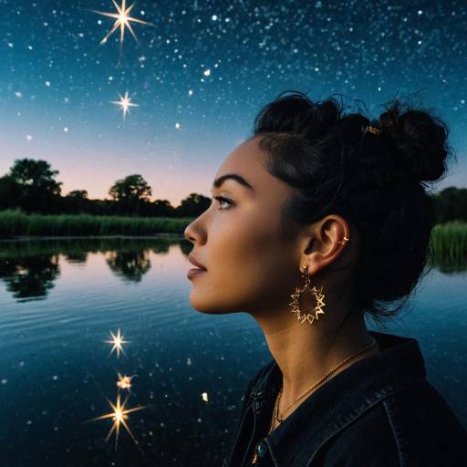 Woman with Bold Earrings by Reflective Pond at Twilight