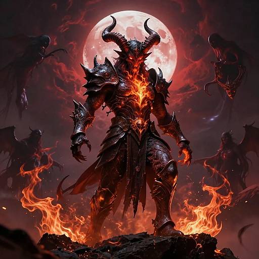 Digital artwork of a demonic, horned warrior in fiery black armor, standing on a rocky cliff with flames, under a bright full moon. Dark,