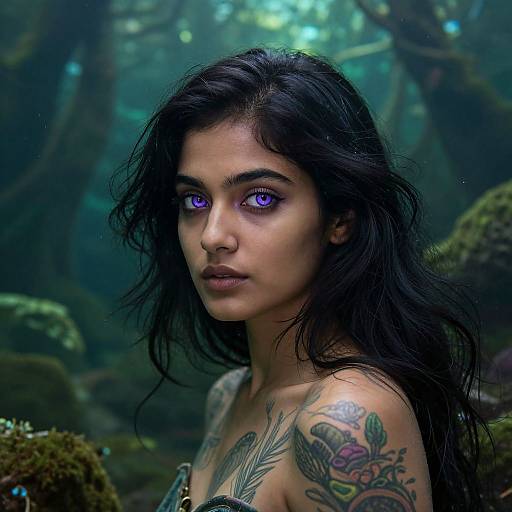 Photorealistic digital artwork of a tattooed woman with long black hair, piercing purple eyes, and mossy forest background, wearing a strapless top
