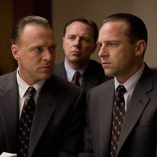 Photograph of two serious, clean-shaven men in dark suits and patterned ties, with a third man in the background, all in a dim