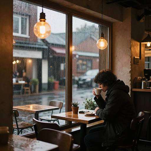 Photograph of a curly-haired woman in a black coat, sitting alone at a wooden table in a cozy, dimly-lit café, rain visible