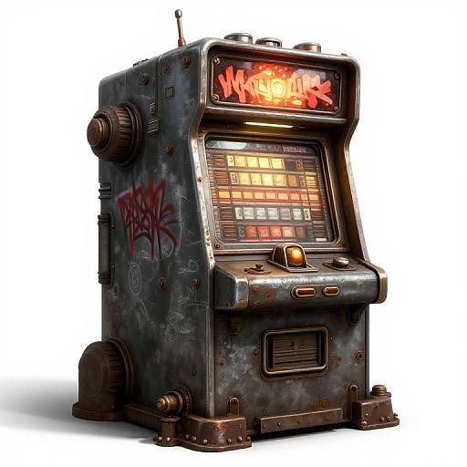 Rustic, graffiti-covered arcade machine with 