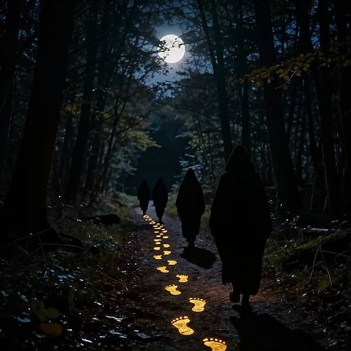 Silhouetted figures walk a moonlit forest path, illuminated by glowing orange footprints, under a bright, full moon. Photograph.