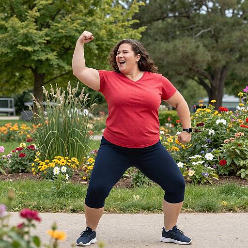Photograph of a plus-sized woman with curly brown hair, wearing a red shirt and black capri pants, flexing her right arm and smiling outdoors
