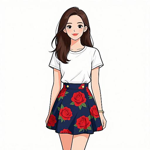 Digital illustration of a young woman with long brown hair, wearing a white t-shirt and navy floral skirt with red roses, standing against a white background.