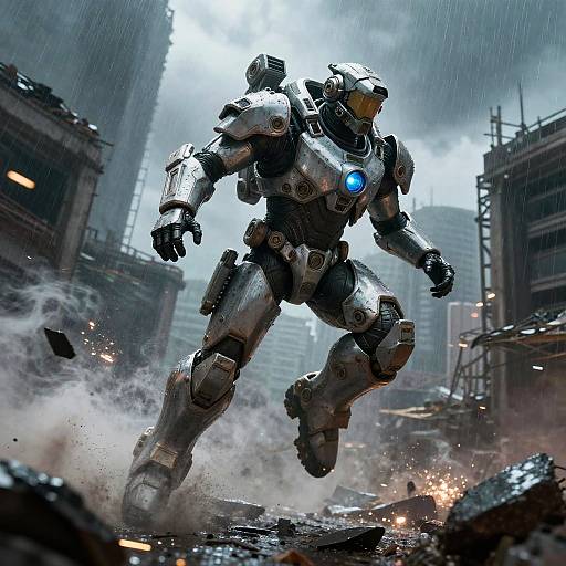 Photorealistic CGI of a futuristic, silver and black, humanoid robot with a glowing blue chest light, leaping through a rainy, war-torn