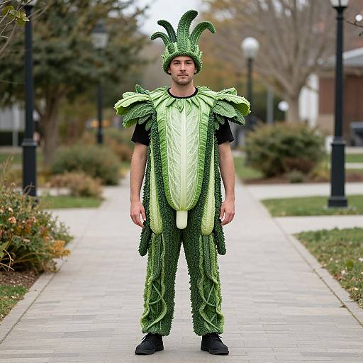Photograph of a man in an elaborate green vegetable costume with leafy headpiece, shoulder pads, and body suit, standing on a paved walkway