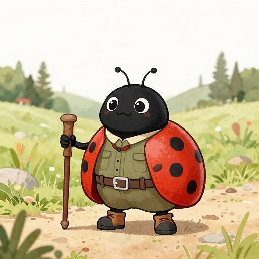 Cute Ladybug Hiker in Rural Watercolor Scene