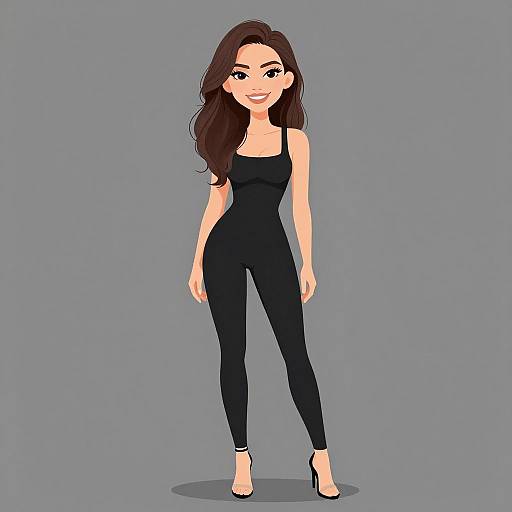 Digital illustration of a smiling woman with long brown hair, wearing a black sleeveless bodysuit and black high heels, standing against a gray background.