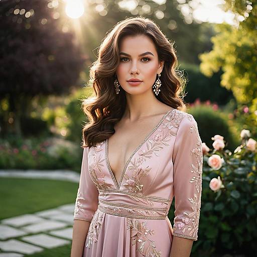 Elegant Woman in Embroidered Evening Gown