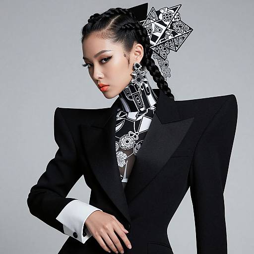 Photograph of an Asian woman with braided hair, wearing a black, high-shouldered suit, and intricate black-and-white patterned bow,