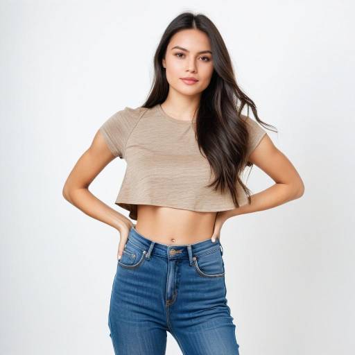 Young woman in asymmetrical crop top and jeans