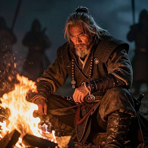 Photograph of a rugged, bearded, long-haired man in medieval armor, crouching by a roaring fire at night, intense expression, dark