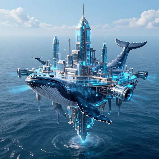 Digital artwork of a futuristic, blue-lit skyscraper city floating on a massive, whale-shaped airship over a calm ocean.