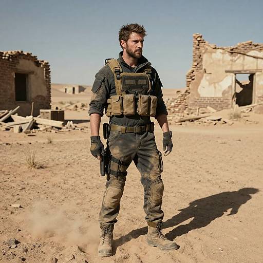 Photograph of a rugged, bearded man in tactical gear with a vest, gloves, and boots, standing in a sunlit, ruined desert town