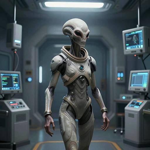 CGI image of a sleek, silver, humanoid alien robot with intricate armor, standing in a futuristic, dimly lit sci-fi control room with multiple