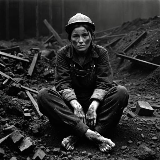 Depressed Female Miner Sitting Among Ashes