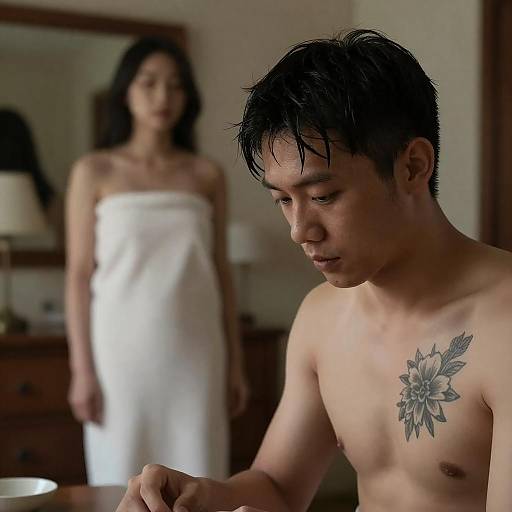 Shirtless Man with Tattoo and Woman in Towel in Dim Room
