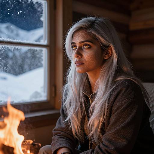 Photograph of a fair-skinned woman with long white hair, wearing a dark robe, seated by a fireplace in a wooden cabin, gazing out