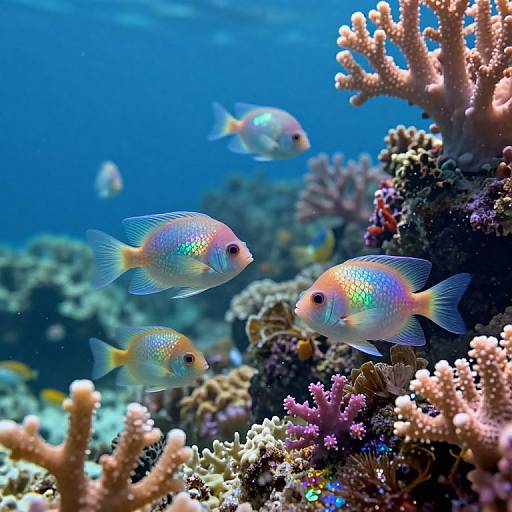 Photograph of vibrant, iridescent parrotfish swimming near colorful coral reefs, with a blue underwater backdrop and other small fish in the distance.