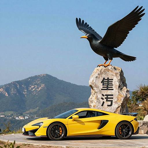 Photograph of a yellow sports car with black wheels, parked in front of a rock with a black crow perched on top, mountainous background,