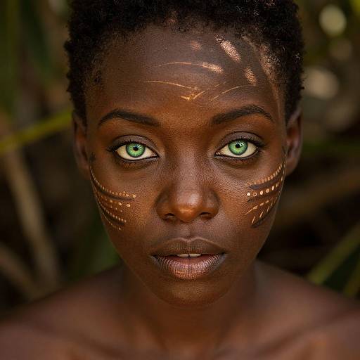 Photograph of a dark-skinned, bare-chested woman with striking green eyes, adorned with glowing, scratched patterns on her face, set against a