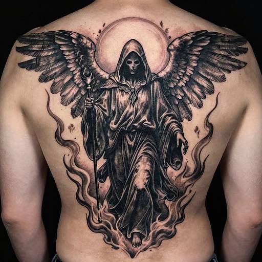 Tattoo of black winged angel with hooded cloak and staff on a bare back, surrounded by smoke, detailed in grayscale.