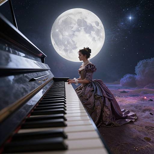 Digital artwork of a woman in an elegant Victorian dress playing a grand piano under a luminous full moon in a starry, cosmic landscape.