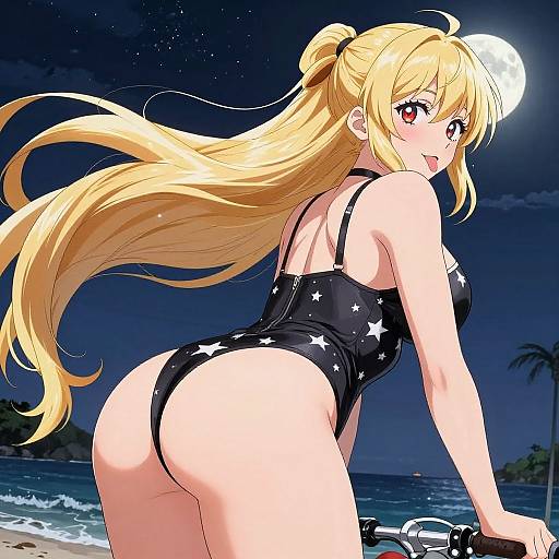 Anime-style digital art of a blonde girl with long hair, wearing a black star-patterned one-piece swimsuit, leaning on a bike under a moon