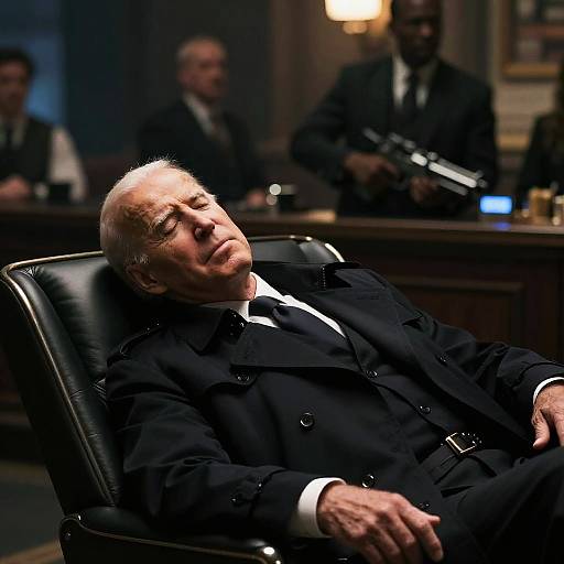 Photograph of an elderly man in a black suit, seated in a leather chair, eyes closed, in a dimly lit, formal room with blurred
