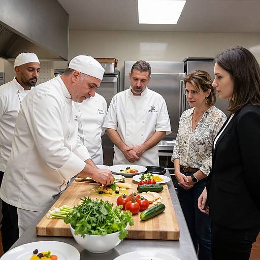 Photograph of four male chefs in white uniforms preparing vegetables on a wooden cutting board in a modern kitchen, with two women watching attentively.